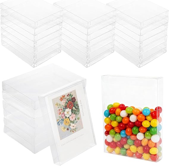 WOPPLXY 70 Pcs Clear Favor Boxes, 7.3 x 5.3 x 2 Inch Clear Gift Boxes, Rectangle PVC Transparent Gift Box for Packaging Dessert, Candy, Wedding, Halloween, Christmas, Valentine's Gift