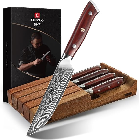 XINZUO 5Pcs Steak Knives Set, Non Serrated Dinner Knives with Drawer Knife Holder,67-layer Damascus Steel Kitchen Knife with Rose Wood Handle, Acacia Wood Knife Block