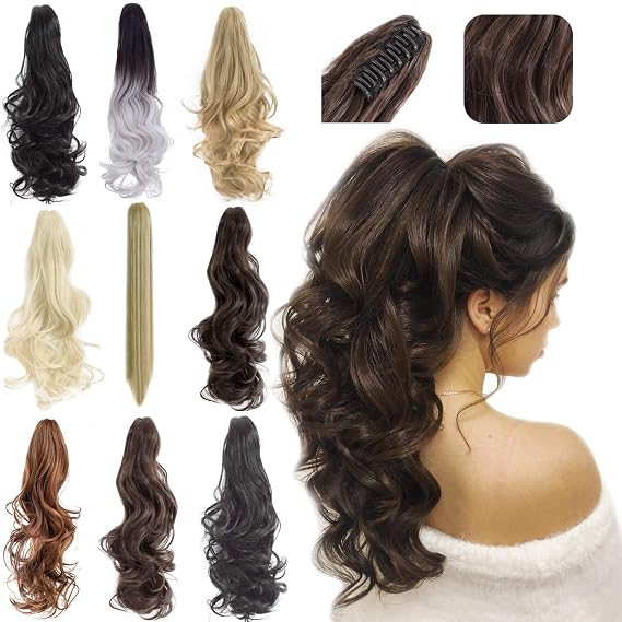FELENDY Ponytail Extension Claw 18" 20" Curly Wavy Straight Clip in Hairpiece One Piece A Jaw Long Pony Tails for Women Dark Black