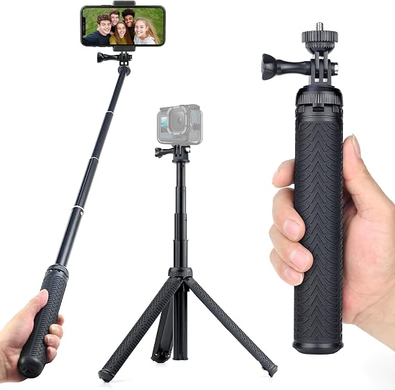 28inch Aluminum Extendable Selfie Stick Tripod for GoPro Hero 13 12 11 10 9 8 7 6 5 Max Fusion/DJI, 3 in 1 Tripod Stand for GoPro/Action Camera/iPhone, Vlog/Travel/Beach Vacation Essentials