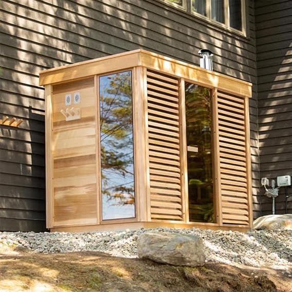 DIY Wood Burning Outdoor Sauna 2-3 Person, Customize Outdoor Steam Saunas, Panaromic Glass Wall Saunas, Outside Sauna Room with Backrest Headrest, Wood Burning Stove (0-195F)