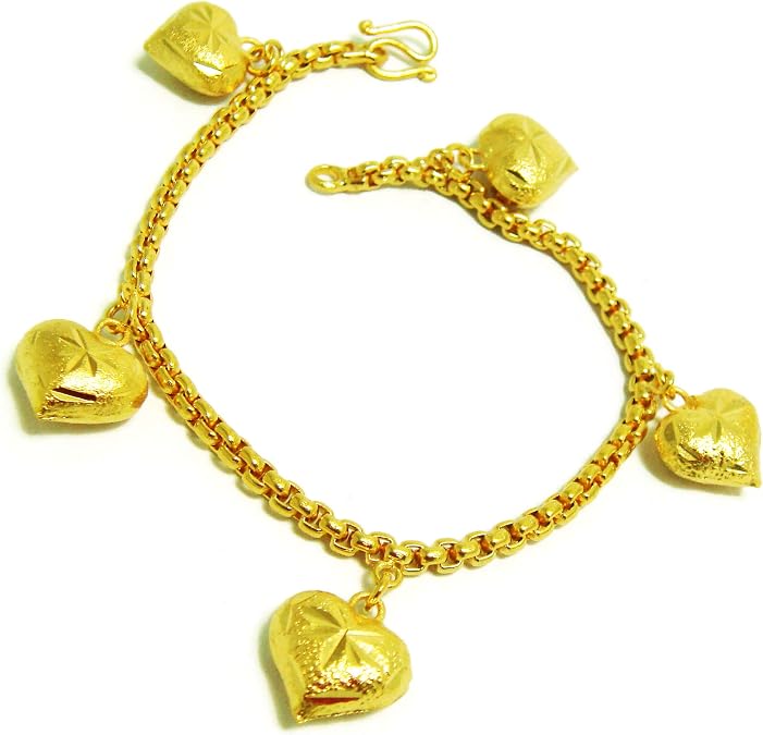 Lovely Hearts 23K 24K THAI BAHT YELLOW GOLD Plated Charm Bracelet 6.5 inch Jewelry Women From Her