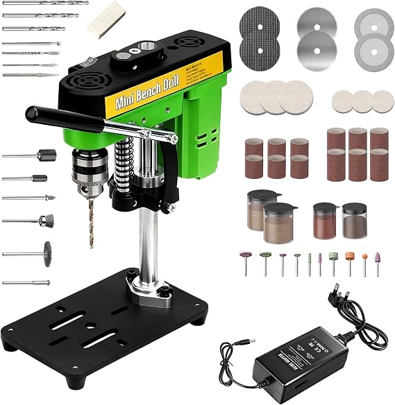 Mini Bench Drill Press 7 Speed Pillar Drill Press with UK Plug | with 52Pcs Drilling Accessories, AC/DC Portable Benchtop Drilling Machine for DIY Woodwork, Metal, Jewelry Craft