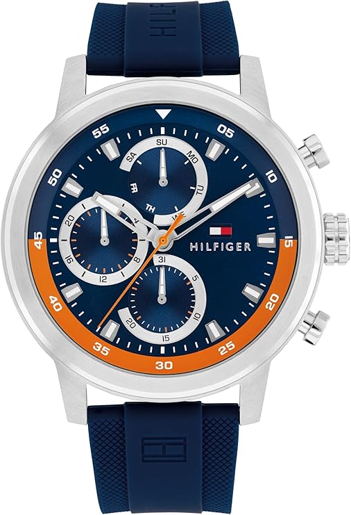 Tommy Hilfiger Men's Sporty Watch Quartz Multifunction, Stainless Steel Case, Sunray Dial with Stick Indexes and CD-Textured Sub-Eyes, and Oversized Crown Gift for Him