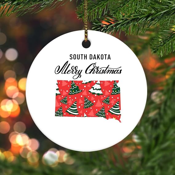 Novelty Christmas Decorations Merry Christmas US South Dakota State Map Christmas Ornaments for Xmas Tree Round Keepsake Porcelain Bauble Stocking Stuffer Souvenir Gift for Parents Kids Children