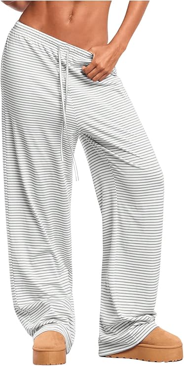 WDIRARA Women's Striped Drawstring Elastic Waist Pants Wide Leg Lounge Pant