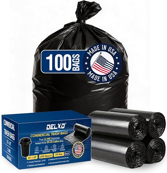 Delxo 30-33 Gallon Trash Bags, 100 Count, 32 x 38 Heavy Duty Garbage Bags