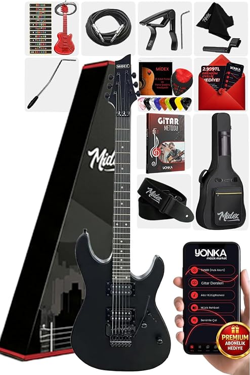 Midex GRX-300-BAG Profesyonel Elektro Gitar Seti, Siyah, Humbucker-Humbucker