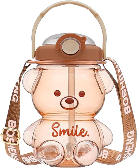 Kawaii Water Bottle with Straw and Strap, 1L Cute Bear Water Bottles Portable Leakproof BPA-Free Plastic Drinking Cups for Kids Girls Women Sports Camping Picnic Hiking Travel, Sports