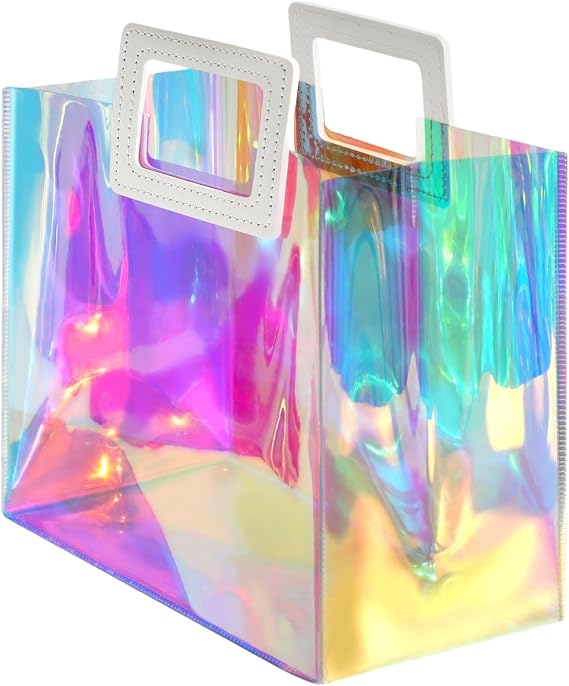 VUOJUR Holographic Large Gift Bag 12.8x11.6x5.7'' Clear Reusable Birthday Gift Bag for Women Girls Iridescent Bachelorette Wedding Christmas with Handle
