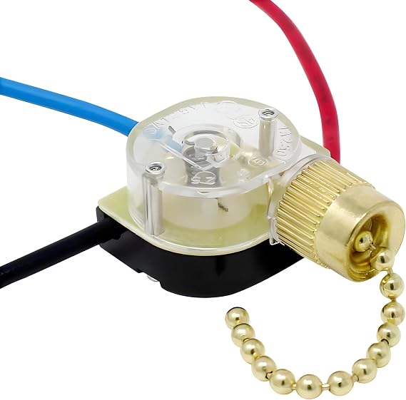 ZE-110 3 Wire Pull Light Switch Replacement Repair Kit 2 Circuit 6A 125VAC 3A 250VAC for Ceiling Fans, Wall Sconces, Floor Lamps, Table Lamps, Vanity Lights, Light Fixtures - Brass Finish