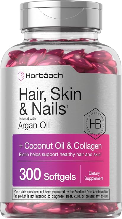 Horbaach Hair Skin and Nails Vitamins | 300 Softgels | with Biotin and Collagen | Infused with Argan Oil and Coconut Oil | Non-GMO, Gluten Free Supplement