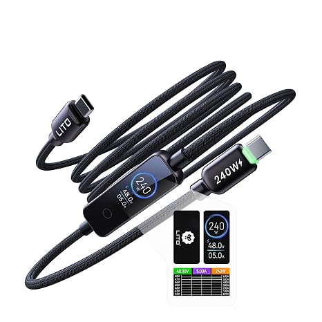 LITO 240W USB C to USB C Cable with TFT Touch Screen,PD3.1 Fast Charge Cord | TFT Power Meter, Smart LED Indicator, E-Marker 3.0, Premium Braided Nylon, for iPhone 17 16 15, MacBook, Laptop,Tablet,4FT
