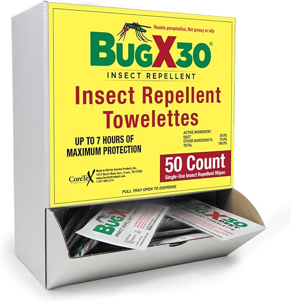 Bug X 30 Mosquito, Tick, Insect Repellent Wipes with 30% DEET - Pack of 50 Single-Use Bug Repellent Wipes for Up to 7 Hours of Reliable Protection Against 12 Types of Biting Insects
