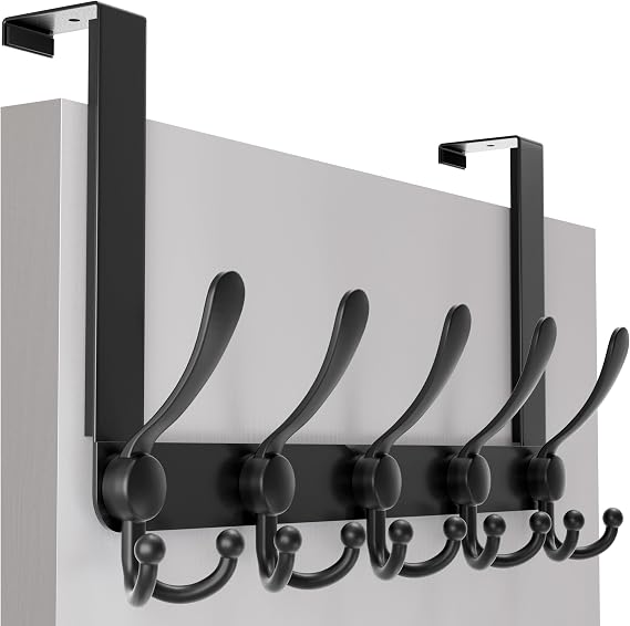SKOLOO Over The Door Hook - for Doors up to 1-3/4'' Thickness, Metal Door Hanger with 5 Triple Hooks, Black Over The Door Hanger for Coats, Hats, Towels, Assembly Required