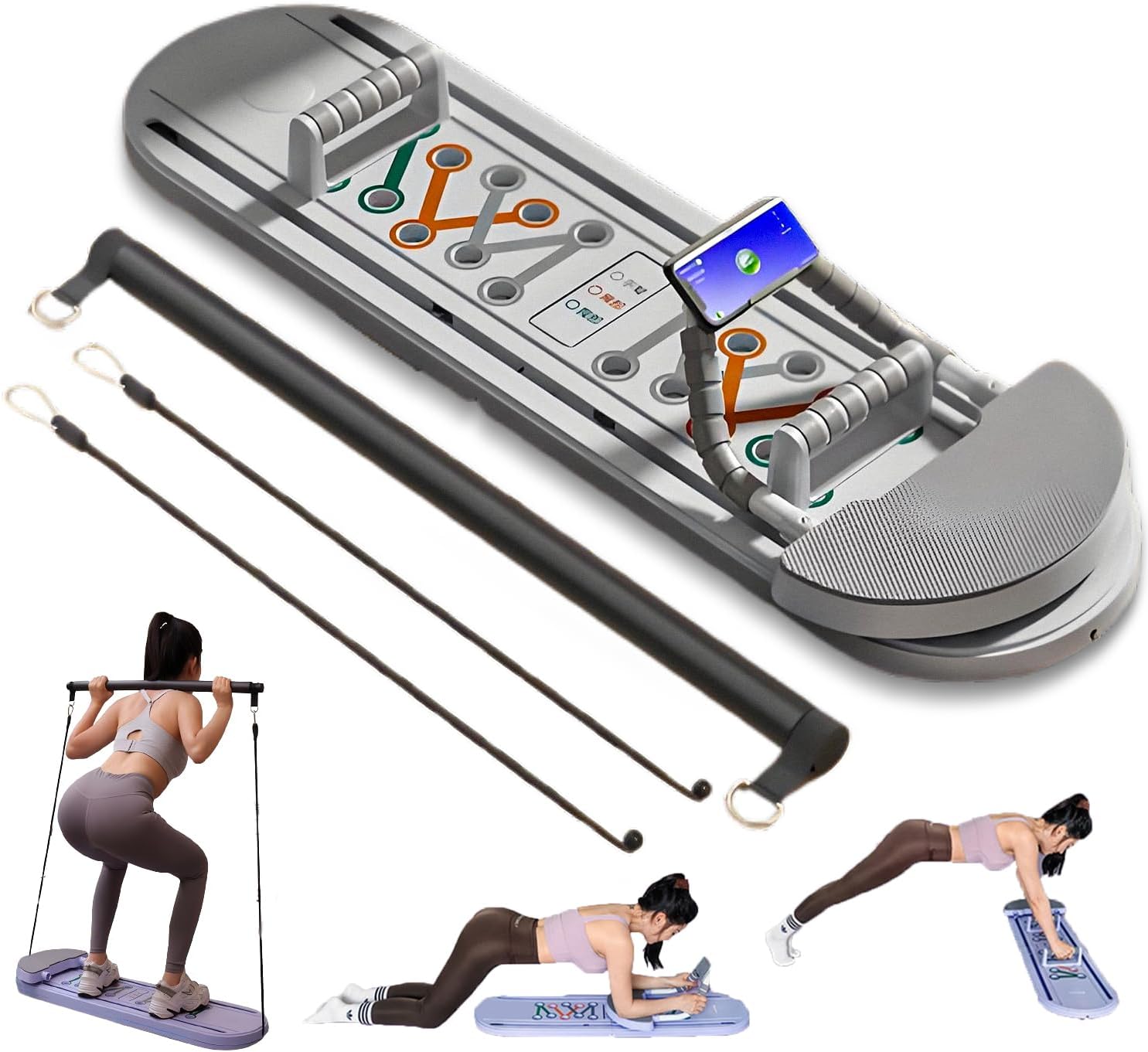 Pilates Board, Foldable Pilates Reformer Board, 6-in-1 Pilates Reformer Set with Automatic Rebound Ab Roller, Abdominal Exercise Machine for Home Workouts
