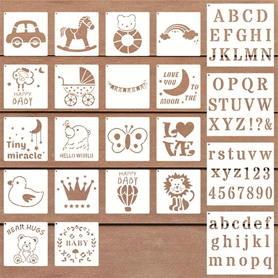 22 Pack Baby Shower Stencils for Bodysuits, Letters Numbers & Animals
