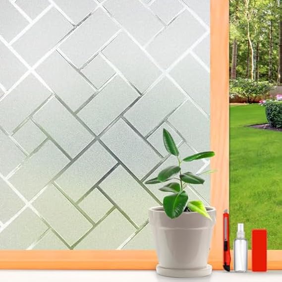 Frosted Glass Window Film Sun Blocking Window Tinting Film for Home, Static Clings Removable Frosting Bathroom Door Window Covering, 41.3 Inchx 78 Inch, White-Grid