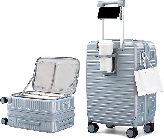 HanTrip 20 Inch Top Opening Hard Shell Carry on Luggage with Wheels, Silver | Expandable, Cup Holder, Phone Holder, Side Hook, 45L Compact, TSA Lock, Lightweight, Trunk Style Front Opening Small Suitcase