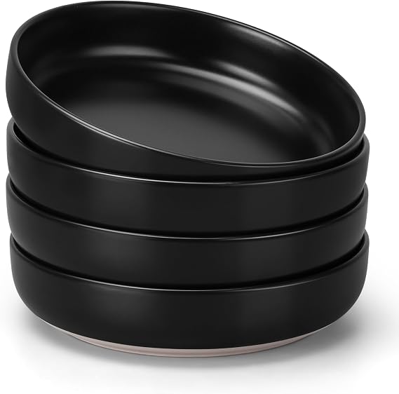 HaWare Pasta Bowls Set of 4, 33oz Large Salad Bowls for Home Kitchen, Ceramic Serving Plates for Soup, Cereal, Scratch-resistant Wide Shallow Dinner Bowl, Microwave & Dishwasher Safe, Frosting Black