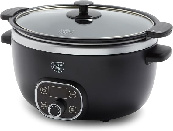 GreenLife 8QT Slow Cooker, Non-Toxic PFAS-Free Ceramic Nonstick Removable Interior Bowl, Programmable, Family Friendly, Keep Warm, Stovetop & Oven Safe, Dishwasher Safe Crock, Timer, Glass Lid, Black