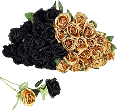 40 PCS Artificial Flowers Fake Roses with Long Stem Realistic Artificial Flowers Bulk for Halloween Wedding Party Home Kitchen Decor (Black+Gold)