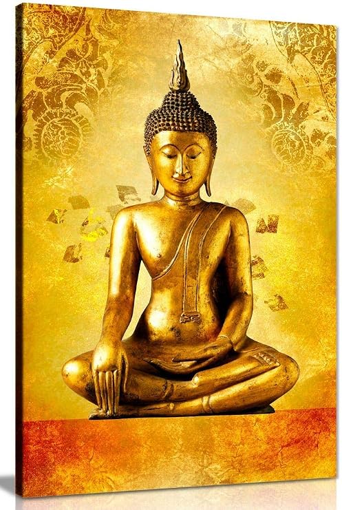 Gold Buddha Statue God Zen Canvas Wall Art Picture Print (12x8in)