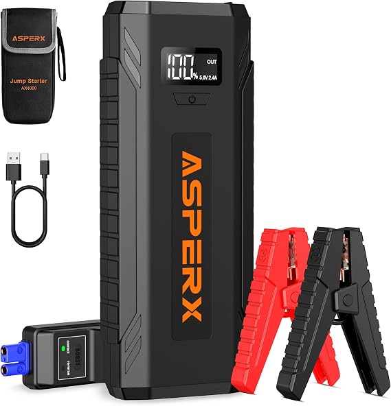 ASPERX Car Jump Starter, 4000A Peak Battery Starter for All Gas or 10.0L Diesel Engines, 12V Battery Starter, Jump Box with USBA, Lithium Battery