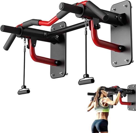 Wall Mounted Pull Up Bar, Multifunctional Dip Station with Elastic Bands for Home Gym Workout, Chin Up Bar Support to 440lbs