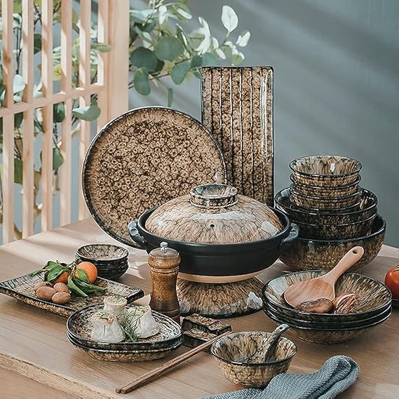 Leopard Glaze Dinnerware Sets, Japanese Creative Plate and Bowl Sets, Dish Set Service for 8 for 2, 6, 10 People, Microwave Oven Dishwasher Safe, High-end Ceramic Kitchen Plate Set(37Pcs)