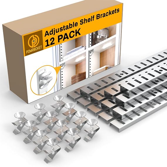 12 Pcs 17 Inch Shelf Pilaster and 12 Pcs Shelf Clips with Suction Cups, Adjustable Shelf Brackets, Metal Wall Mounted Shelf Rail, Mortise Mount Pilaster Strip for Bookcases, Closet, Cabinet