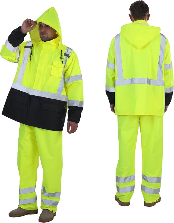 sesafety Hi Vis Rain Jacket, Rain Suits for Men Waterproof withBlack Bottom | Rain Coats for Men Interior Mesh, Class 3 HighVisibility Rain Gear,Removable Hood