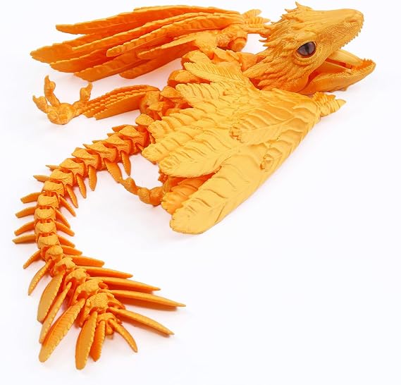 QINGMIAO 3D Printed Dragon, Feathered Wyvern Dragon, 3D Printing Toys, Articulated Dragon, Fidget Dragon, Home Office Decor Desk Toys Pet (Gold)