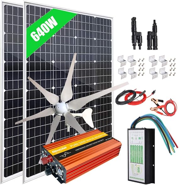 600W(640W) Solar Wind Power Kits Garage Off-Grid System for Charging 12V 24V Battery:400W Wind Turbine Generator + 200W Mono Solar Panel + Hybrid Charge Controller+1000W Inverter+Accessory