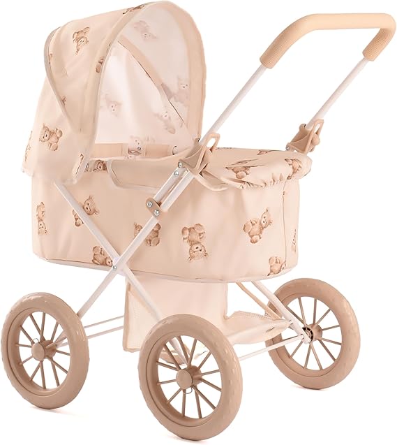 Roma Prams: Teddy My First Doll Pram - Beige & Bear, Convertible 2-in-1: Carry Cot & Seat, Push Stroller, Accessory, Dolls Up to 16.5", Kid-Toddler 2+