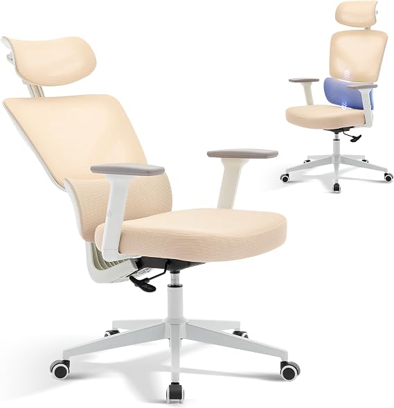 Ergonomic Office Chair, High Back Mesh Office Chair with Adjustable Lumbar Support, Flip-Up Armrests, 135° Recline, Executive Manager Chair – White Frame | Beige, Spray Plastic White