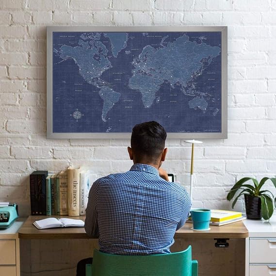 Modern Blueprint World Travel Map with Push Pins, Silver