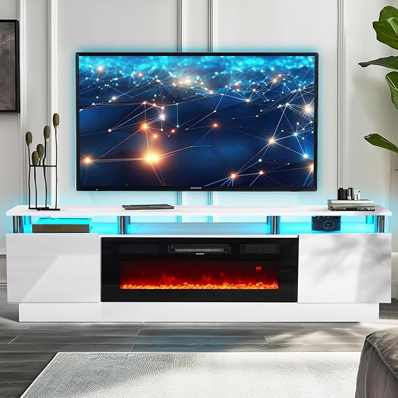 oneinmil Fireplace TV Stand with 36 Electric Fireplace, 80 2 Tier TV Console Stand for TVs Up to 90"", LED Light Entertainment Center, Fireplace for The Living Room TV Stand, White, H21014WH-80