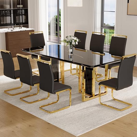 79" Black Gold Marble Dining Table Set for 8