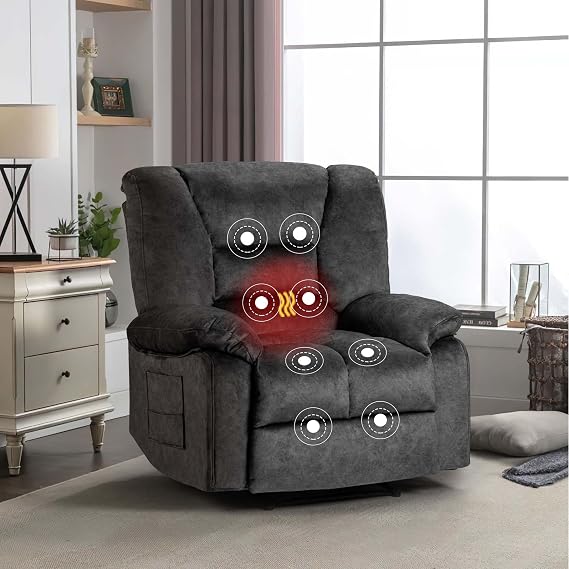 Massage Chair Recliner with Heat,Oversized Recliner Chair&Fabric Lazy Boy Recliner Chair for Adults,Manual Recliner Chair & Rocker Recliner Chair with Adjustable Backrest&Footrest, Pockets (Grey)