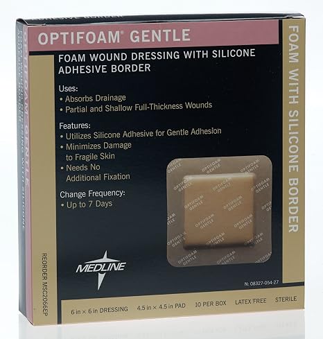 Medline Optifoam Gentle Border Adhesive Dressings, 6 x 6 (Pack of 10)