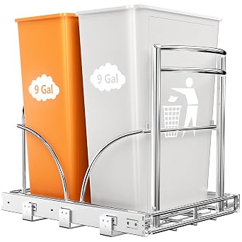 ANASTA Dual Pull Out Trash Can Under Cabinet Rack, No Can Included, Under Sink Trash Can Pull Out Holds Double 7-9 Gal/2 * 35 Qt Recycle Bin Garbage Can Combo, Inside Cabinet Size 16W 22" D 17H