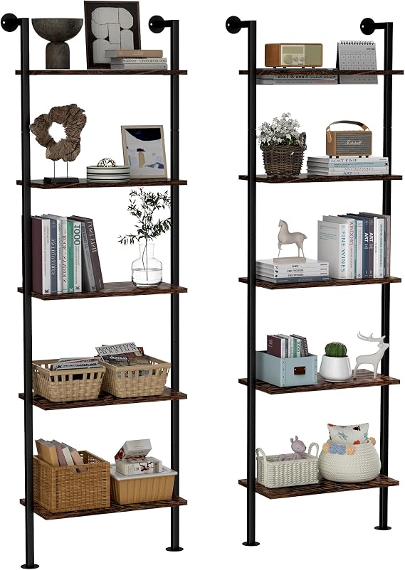 Acovy 5-Tier Bookshelf Solid Wood Ladder Shelf, Narrow Book Shelf Set of 2, Wooden Ladder Shelf Bookcase, Wall Mount Ladder Shelf, Storage Rack for Living Room, Bedroom, Industrial Style, Dark Brown