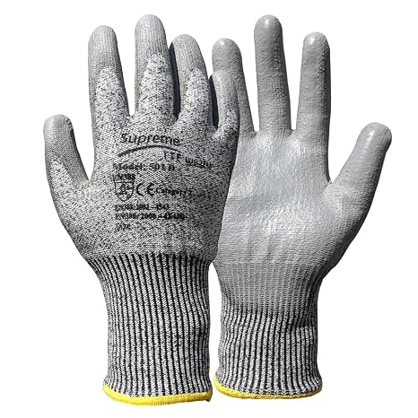 12 Pairs Cut Protect Level 5/D Work Gloves HPPE Yarn knitted Liner PU Coated Palm Light-Weight Comfort Assembling DYI (Large (Size 9))