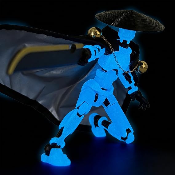 Fully Assembled T13 Action Figure, T13 Action Figure, Robot 13 3D Printed Action Figure - Ultimate Hero for Action-Packed Playtime, 5.2" Blue Glow in the Dark | ポーズビリティ ダミーフィギュア マントと武器付き アップグレードされたジョイントデザイン ヘビープレイ用 ブルー 暗闇で光る