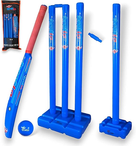 Plastic Cricket Set Size 6 - Blue Color | Backyard and Beach Set for Adults and Kids | Includes Bat, Wind Ball, Stumps, and Non-Striker Stump with Plastic Base