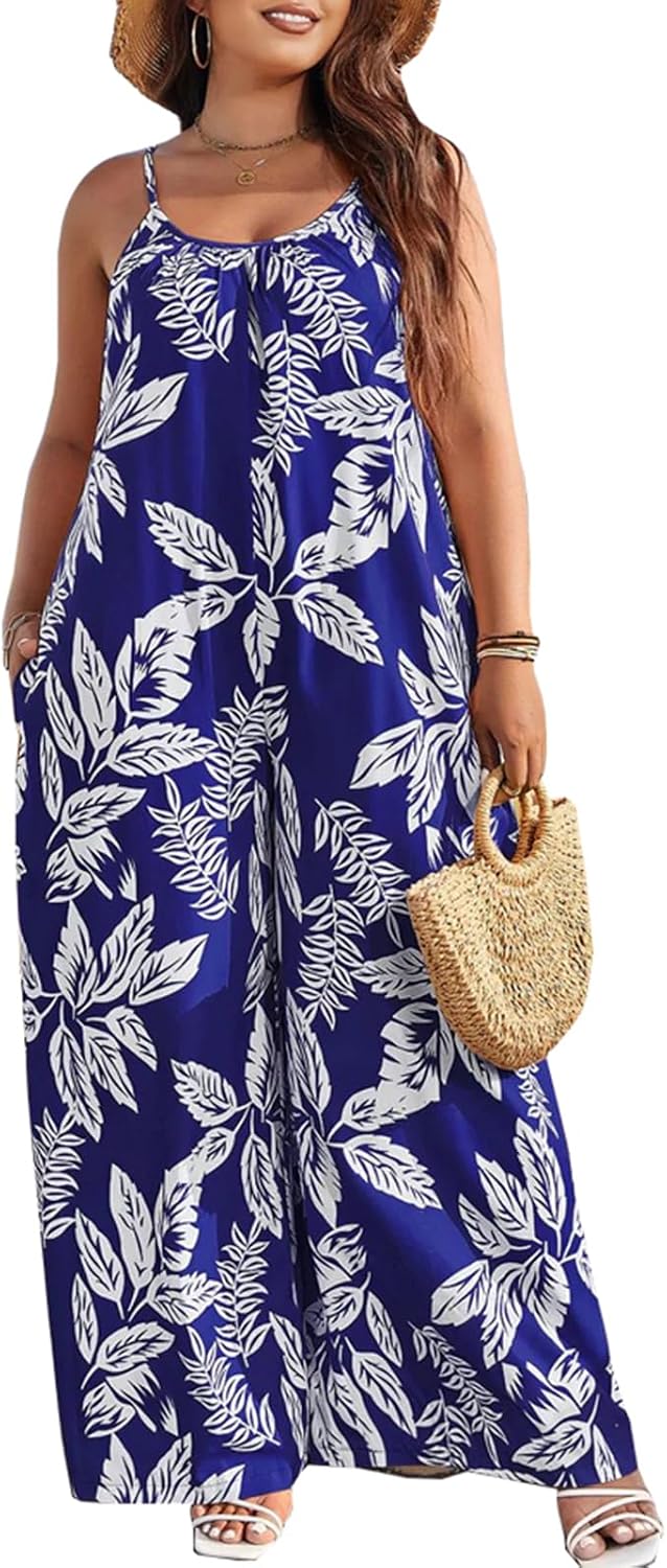 CaniBtr Summer Jumpsuits for Women Plus Size Casual Wide Leg Spaghetti Strap Sleeveless Loose Printed One Piece Jumpsuit