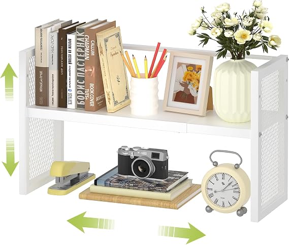 Expandable Desktop Bookshelf, Metal Desk Shelf Organizer Adjustable Height