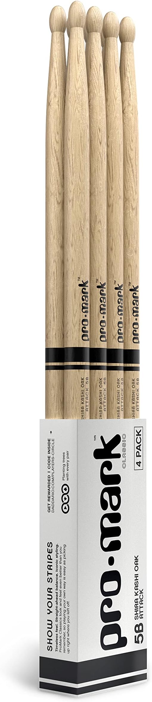 ProMark Classic Attack 5B Shira Kashi Oak Drumsticks, Oval Wood Tip, Buy 3 Pairs Get 1 Free