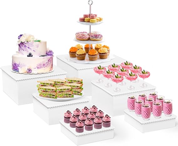 VIVIRBIEN White Wooden Cake Stand Buffet Food Risers, 6pcs Set for Buffet Table, Large Cake/Fruit Display Stand/Cupcake, Perfect for Parties, Weddings